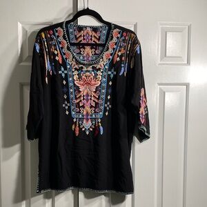 Women's Black Embroidered Boho Top